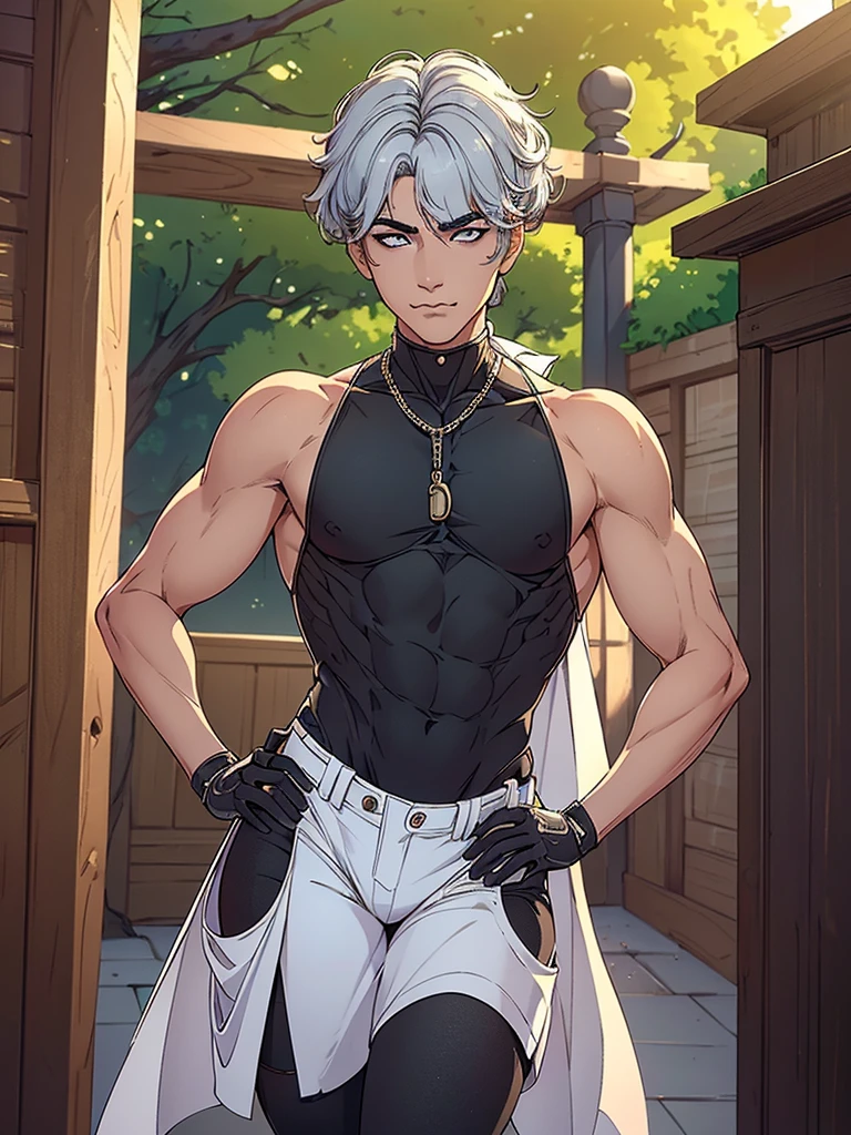 Male, Just one boy, Best quality, 4k, high resolution,slim body, perfect smile, gorgeous, light skin,white skin, ahegao face(hentai face) ,grey hair,(bob cut hair),wearing harness only, (not wearing top clothes),Wearing short pants( stuck in lower body), wearing black fingerless gloves,,1 boy, solo, seductive look, elegance and charm, (masterpiece, best quality, high resolution), looking at the viewer, standing, (intricate and beautiful:1.2), (detailed light:1.2), (soft light, side light), (high resolution textures) , holding leash in hand(chain leash), outdoor, Burmese boy, wearing harness ,outdoor background, sun light, attractive,young,(masterpiece:1.3), (disorganized:1.3), (highest quality:1.3), perfect anatomy, detailed face, front view, perfect right hands, looking at viewer, (Super detailed:1.3), (best shadow:0.7), (treated hair), fine eyes, beautiful eyes, young aged male, alone, standing,closed_mouth, , outdoors,Thick thighs, arrogant face, thin body