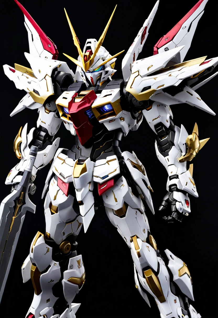 title: (Gundam Frame Barbatos: An Organized and Tidy Iron Knight), description: (This photo showcases a well-maintained and meticulously organized Gundam Frame Barbatos. Despite its reputation as one of the most powerful and brutal Gundams, Barbatos exudes an aura of tranquility and serenity in this image. Its weaponry and armor are neatly arranged, devoid of any signs of battle or damage), details: (Barbatos stands poised atop a gleaming metallic platform,
Its sword and shield rest neatly at its sides,
Other armaments, such as the mace and gatling gun, are meticulously arranged on racks behind it.
Barbatos' armor is immaculate, free of dust or grime,
The crimson and black hues of its armor retain their vibrancy), style: This photo is captured in portrait orientation, placing the spotlight on Barbatos itself. The composition is balanced and symmetrical, lending an air of composure and control. Excellent lighting accentuates Barbatos' intricate details,
