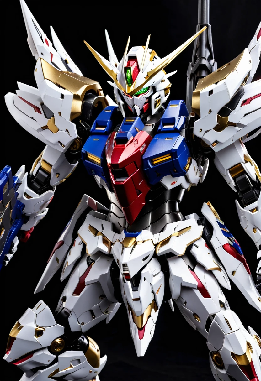 title: (Gundam Frame Barbatos: An Organized and Tidy Iron Knight), description: (This photo showcases a well-maintained and meticulously organized Gundam Frame Barbatos. Despite its reputation as one of the most powerful and brutal Gundams, Barbatos exudes an aura of tranquility and serenity in this image. Its weaponry and armor are neatly arranged, devoid of any signs of battle or damage), details: (Barbatos stands poised atop a gleaming metallic platform,
Its sword and shield rest neatly at its sides,
Other armaments, such as the mace and gatling gun, are meticulously arranged on racks behind it.
Barbatos' armor is immaculate, free of dust or grime,
The crimson and black hues of its armor retain their vibrancy), style: This photo is captured in portrait orientation, placing the spotlight on Barbatos itself. The composition is balanced and symmetrical, lending an air of composure and control. Excellent lighting accentuates Barbatos' intricate details,