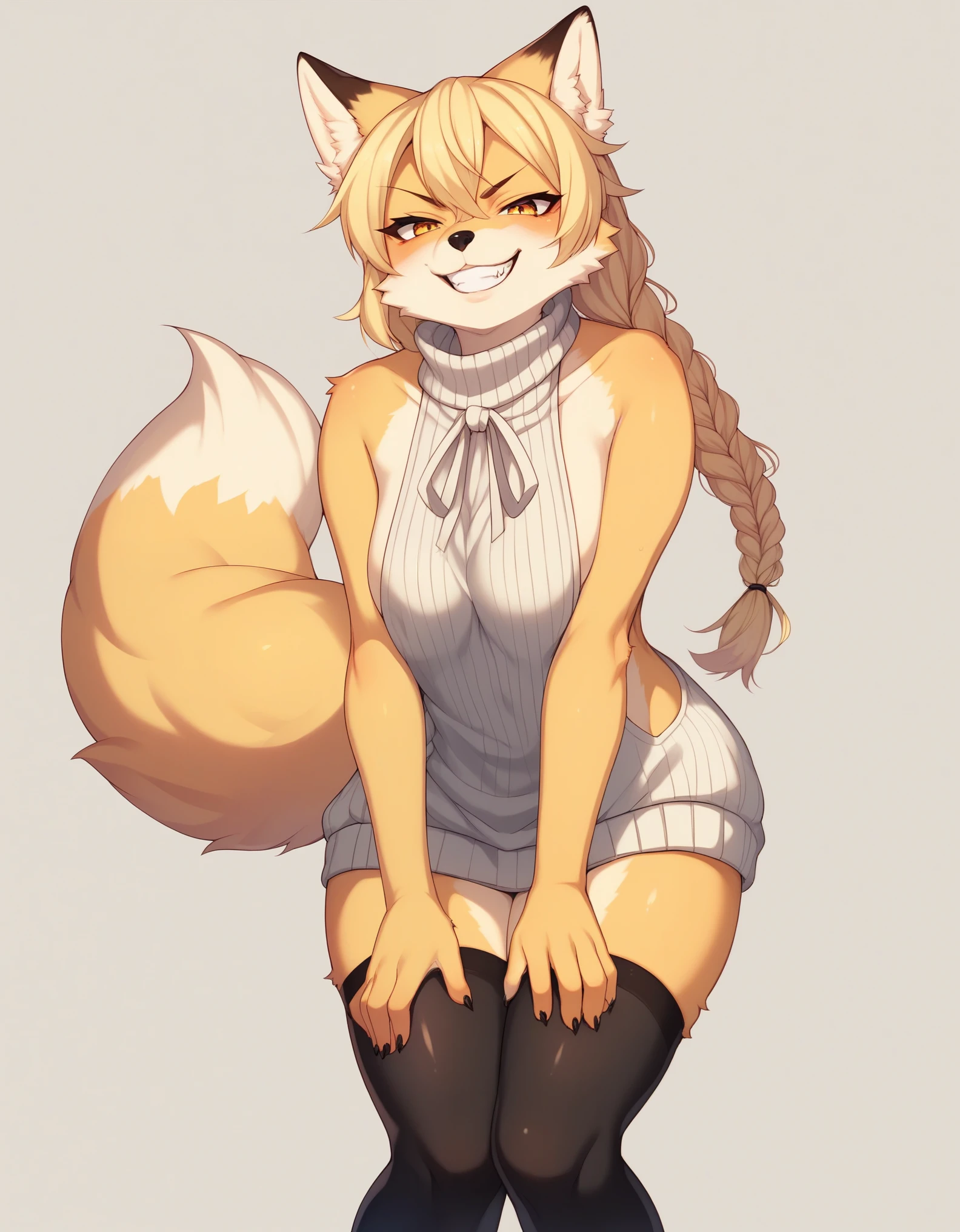 Solo, Score_9, score_8_up, score_7_up, kemono style, Kimiko, An Anthro furry fox girl, yellow furry body, yellow fox tail, , black nose, blonde hair, braided hair, wearing oversized virgin killer sweater, black thigh highs, hands together, toothy grin, grinning, bending over, hands on knees, low angle shot, front view, 