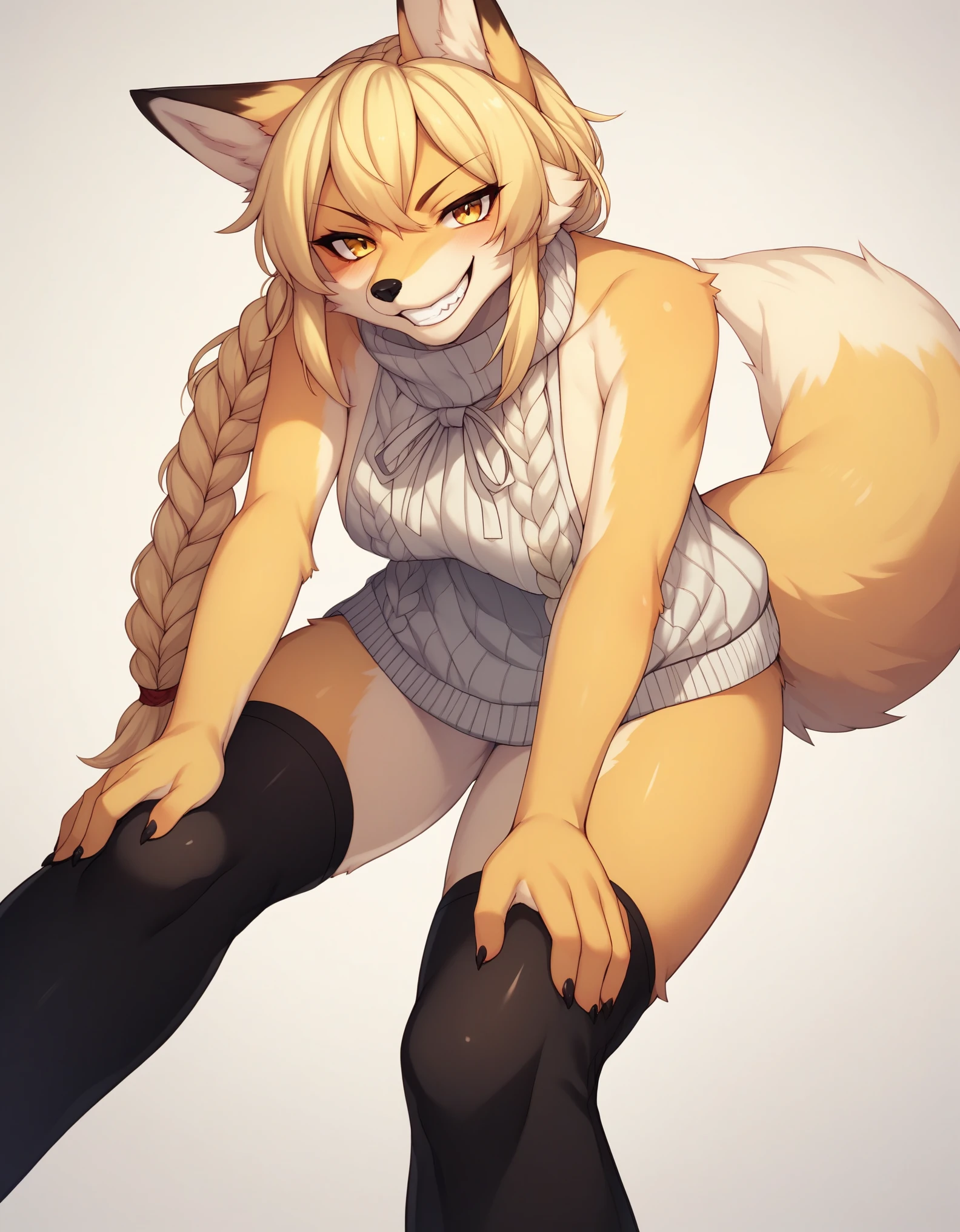 Solo, Score_9, score_8_up, score_7_up, kemono style, Kimiko, An Anthro furry fox girl, yellow furry body, yellow fox tail, , black nose, blonde hair, braided hair, wearing oversized virgin killer sweater, black thigh highs, hands together, toothy grin, grinning, bending over, hands on knees, low angle shot, front view,