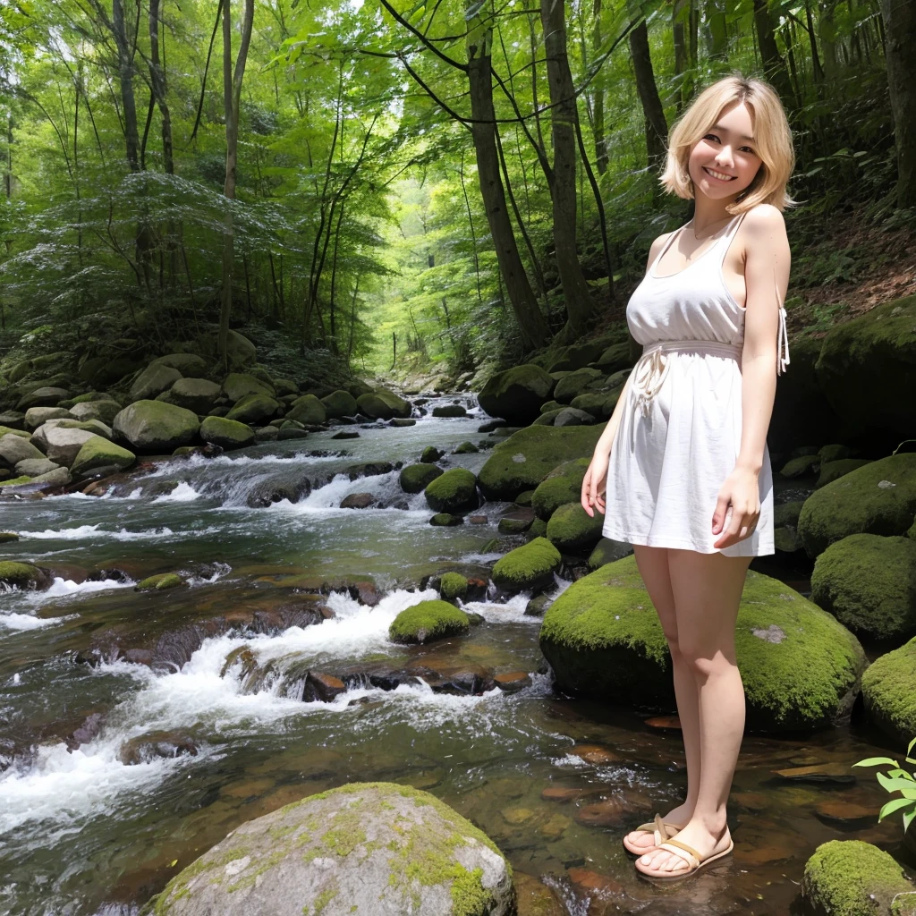 Highest quality,a girl, one girl,solo focus,raw photo,bloom,full body,4K,8K,Realistic,full body,Japanese women,一人のJapanese women,Age 25,Clear,kind,Beautiful eyes,smile,Full of maternal love,nice style,smile,teeth,short blonde hair,Large Breasts,healthy,positive,Very detailed,Casual Style,The background is a river,forest,a one girl