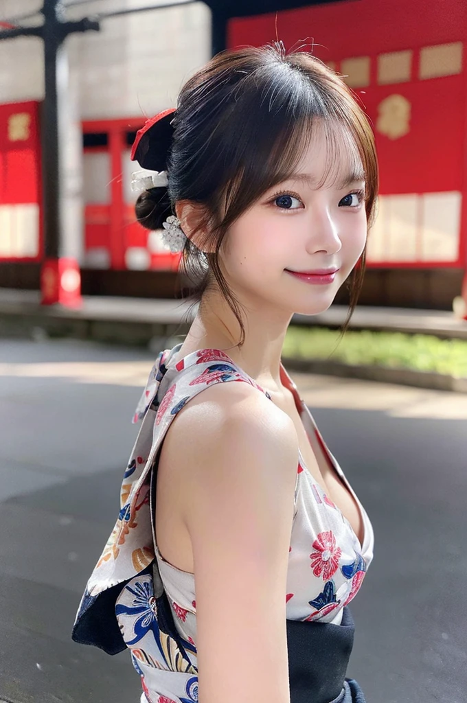 (8K, RAW Photos, Highest quality, masterpiece:1.2), Super detailed, Ultra-high resolution, (Realistic, Photorealistic:1.37), High-definition RAW color photos, Professional photos, Very delicate and beautiful, Very detailed, 8K壁紙, (Beautiful and detailed eyes)、(Beautifully detailed face),Anatomically correct body shape, Natural Light,(From Side:1.22), woman、One person,Japanese、20-year-old, Blonde、Bun Hair、 (A shy smile:1.3), Fine and beautiful skin、Skin Texture、 (Slim waist:1.2)、(E cup bust:1.21), (Emphasize the cleavage:1.21),(yukata:1.23), Sharp focus、(evening,The background is a realistic Japanese festival:1.15),(standing:1.1)
