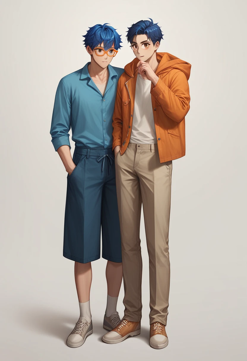 ((Best quality, chedevr)), boy, , blue hair, Brown eyes, full length, large burn on the right eye, Orange glasses.