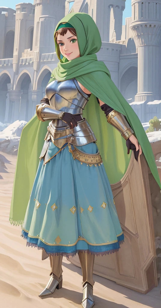 masterpiece, best quality:1.2), 1girl, smile, looking at viewer, green eyes, short brown hair, princess, armor, blue hijab headscarf, pauldrons, armored dress, green cloak cape, wearing puffy blue ballgown skirt, armored boots, fingerless gloves, standing in front of desert castle