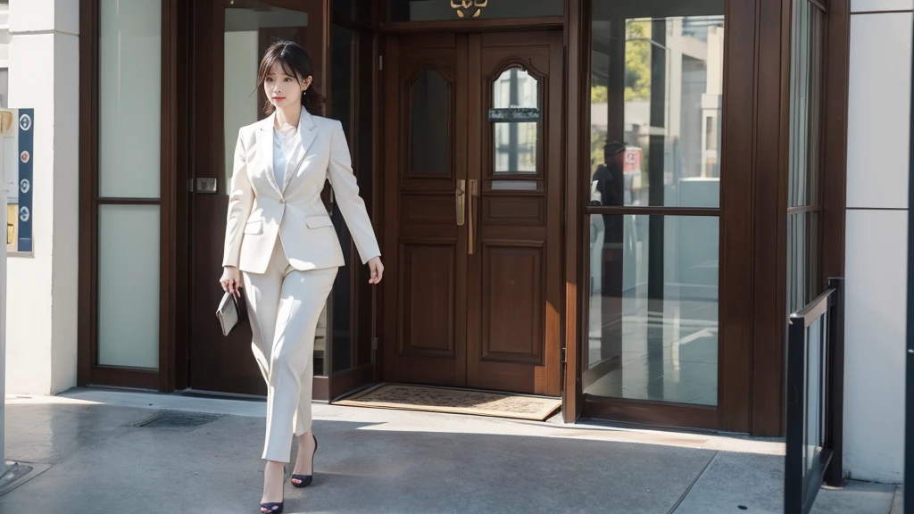 ((best quality)), ((masterpiece)), (detailed),At the door of the company,A woman in business attire slowly walked over