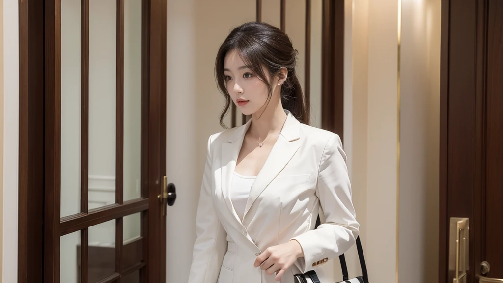 ((best quality)), ((masterpiece)), (detailed)，At the door of the company，A woman in business attire slowly walked over
