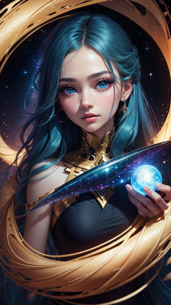 (masterpiece、Highest quality、beautiful:1.2)、(Super beautiful art:1.2)、1 Girl、 (Sapphire blue round eyes、Cosmic Eyeshadow Color、Enchanting eyelashes)、Glossy lip、Fair face、A gentle gaze gazes out at the galaxy、Transparent, shiny skin、Fair Hand、Mysterious and enchanting atmosphere、A chaos of overlapping colors of bright and transparent prism effect of blue and green light、Glowing particles scattering、(Delicate spiral strokes:1.2)、Soft Galaxy Background