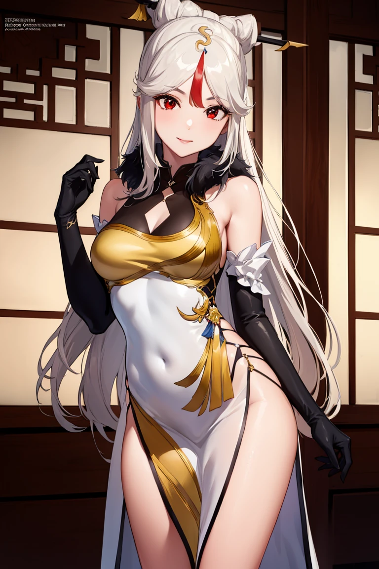 1women,milf,ningguang, ningguang, grey hair, hair ornament, hairpin, long hair, parted bangs, (red eyes:1.5), sidelocks, streaked hair, red hair, smile,medium breast,
BREAK bare shoulders, black gloves, chinese clothes, claw ring, detached sleeves, dress, elbow gloves, frilled sleeves, frills, fur collar, gloves, jewelry, pelvic curtain, sleeveless, sleeveless dress, white dress,
BREAK looking at viewer, full body, (cowboy shot:1.5),
BREAK indoors,
BREAK (masterpiece:1.2), best quality, high resolution, unity 8k wallpaper,NSFW ,(illustration:0.8), (beautiful detailed eyes:1.6), extremely detailed face, perfect lighting, extremely detailed CG, (perfect hands, perfect anatomy),