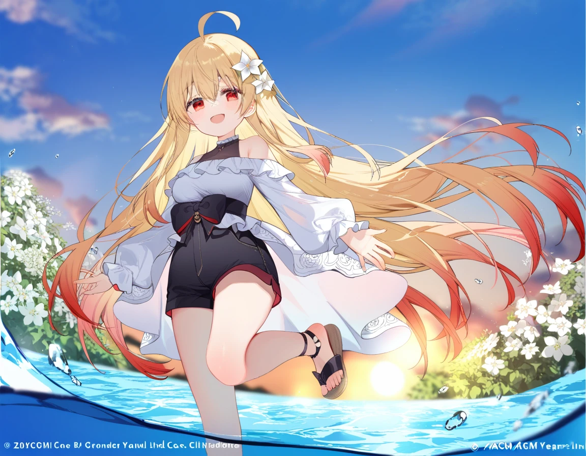 1girl, (by azumi kazuki:1.1), by ciloranko:1.1, (by omone_hokoma_agm:1.1), ((absurdres, official art, masterpiece)), best aesthetic, best quality, ultra detailed, intricate details, new, newest, glossy hair, moist skin, 18 years old, adult woman, medium breasts, blurry background, depth perception, solo, subject focus:1.1, depth perception, empty eyes, red eyes, solo, outdoors, long hair, shorts, water, ahoge, looking at viewer, long sleeves, sunset, standing, bare shoulders, hair ornament, black shorts, sandals, smile, wading, open mouth, sky, standing on one leg, shirt, flower, sun, hair between eyes, short shorts, blonde hair, very long hair, :d, dress, white flower, outstretched arm, cloud, off shoulder, black footwear