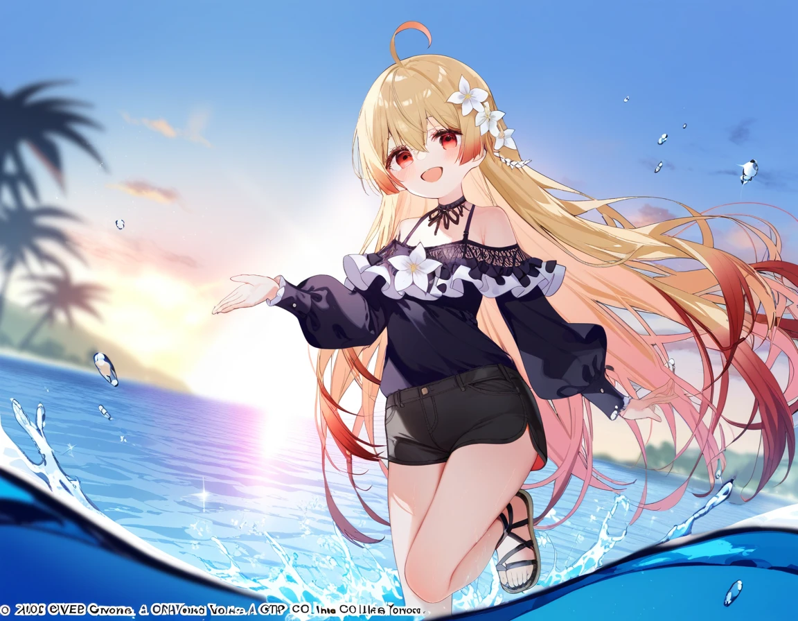 1girl, (by azumi kazuki:1.1), by ciloranko:1.1, (by omone_hokoma_agm:1.1), ((absurdres, official art, masterpiece)), best aesthetic, best quality, ultra detailed, intricate details, new, newest, glossy hair, moist skin, 18 years old, adult woman, medium breasts, blurry background, depth perception, solo, subject focus:1.1, depth perception, empty eyes, red eyes, solo, outdoors, long hair, shorts, water, ahoge, looking at viewer, long sleeves, sunset, standing, bare shoulders, hair ornament, black shorts, sandals, smile, wading, open mouth, sky, standing on one leg, shirt, flower, sun, hair between eyes, short shorts, blonde hair, very long hair, :d, dress, white flower, outstretched arm, cloud, off shoulder, black footwear