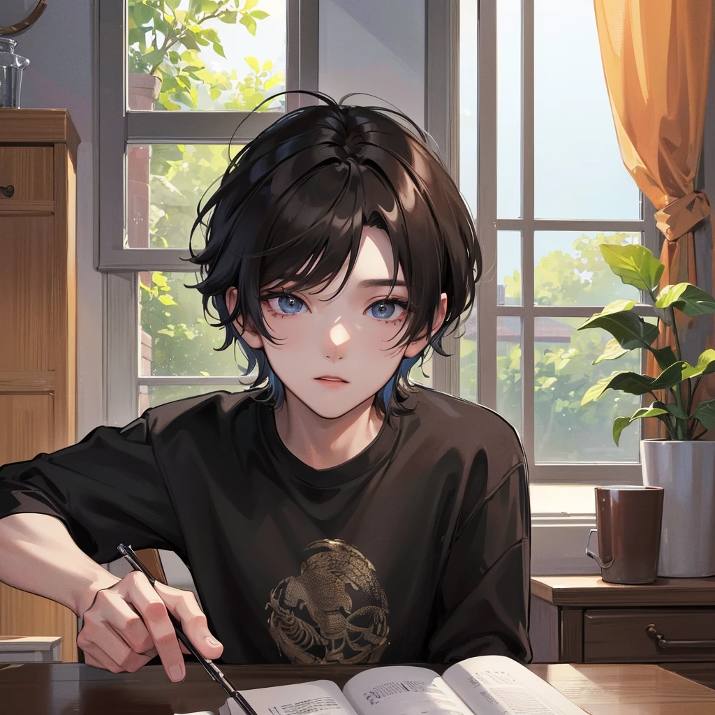 (best quality,4k,8k,highres,masterpiece:1.2),ultra-detailed, (looking at viewer) a young man in casual clothing, 22 years old, indoors next to window, modern, dynamic lighting, detailed, splash colors, close up