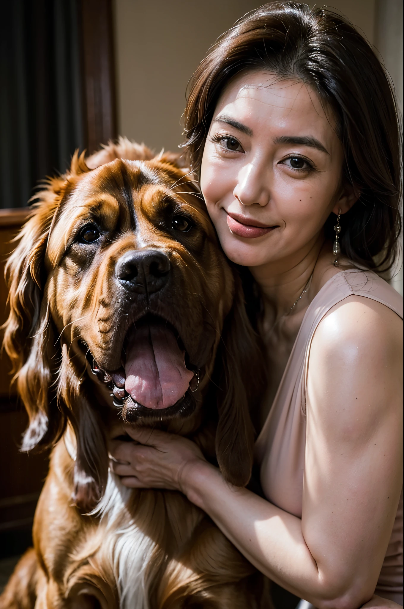 (masterpiece:1.4),((1 woman and 1 dog : 1.5)), (((portrait of mature woman and her big dog : 1.4))), (67-year-old woman:1.5), (Facial wrinkles : 1.2), Nasolabial folds, (looking at viewer : 1), (smirking : 1.3), pores, dull skin, skin blemishes, (long beautiful hair), large saggy breasts, plump body, (elegant lady), (classy formal dress), detailed backgrounds, (Old Western-style building), (dim atmosphere), gloomy, dark lighting, (dog's tongue), plump thigh, (petting a dog), (focus on dog's affection for woman)