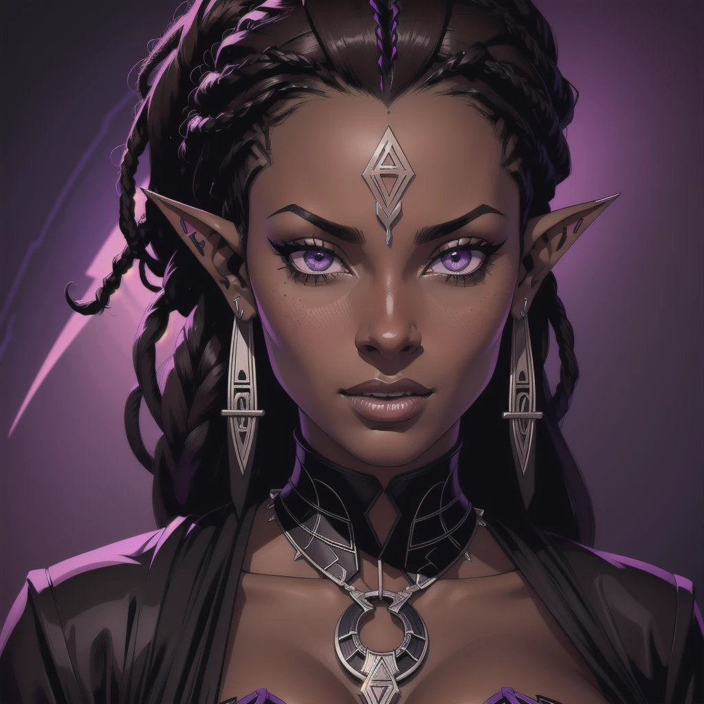 (Portrait) of an (African American) female, with dark (black dreadlocks), purple eyes, dark (brown skin), (pointed ears), (slutty assassin), sexy black robe, (lust) demon, (medium shot), perfect composition, hyper-detailed, 8K, high quality, (perfect eyes), trending art, sharp focus, studio photo, intricate details, (Pin-up) pose