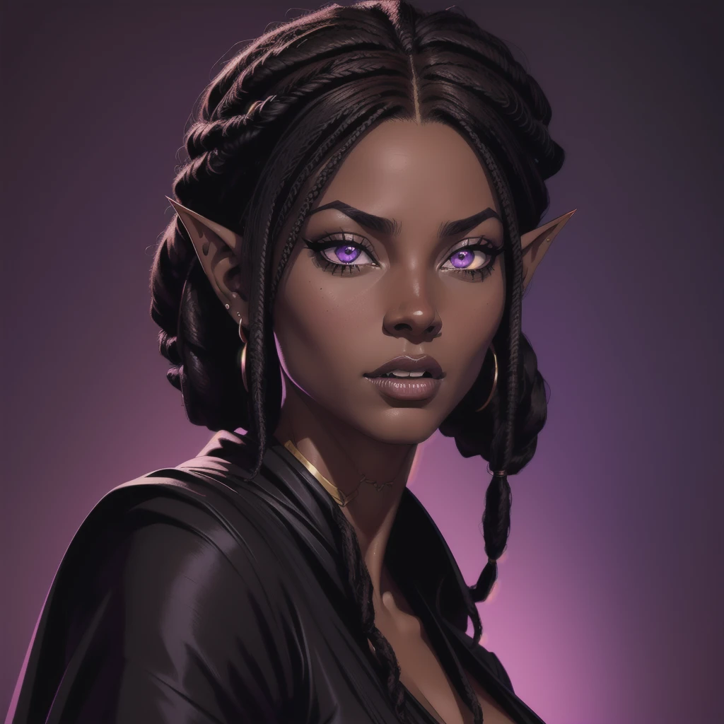 (Portrait) of an (African American) female, with dark (black dreadlocks), purple eyes, dark (brown skin), (pointed ears), (slutty assassin), sexy black robe, (lust) demon, (medium shot), perfect composition, hyper-detailed, 8K, high quality, (perfect eyes), trending art, sharp focus, studio photo, intricate details, (Pin-up) pose