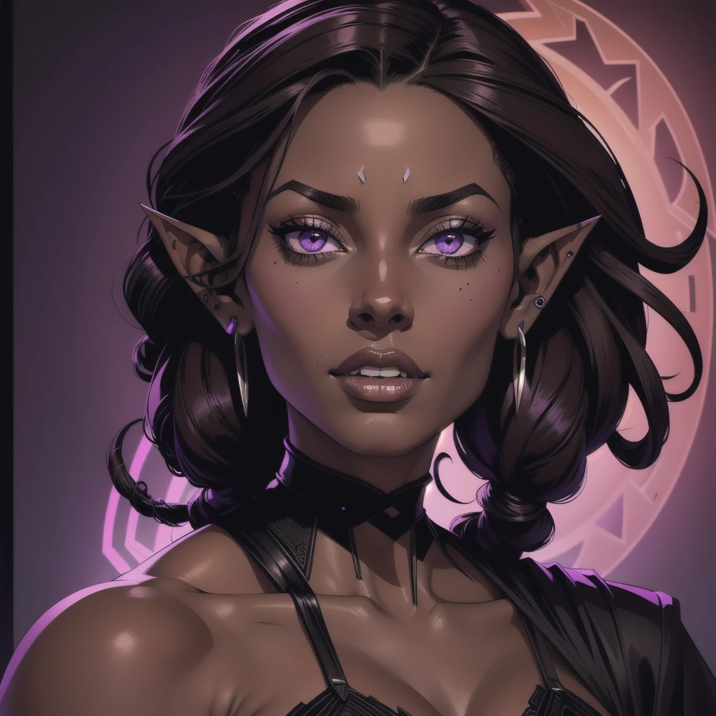 (Portrait) of an (African­ American) female, with dark (black dreadlocks), purple eyes, dark (brown skin), (pointed ears), (slutty assassin), sexy black robe, (lust) demon, (medium shot), perfect composition, hyper-detailed, 8K, high quality, (perfect eyes), trending art, sharp focus, studio photo, intricate details, (Pin-up) pose