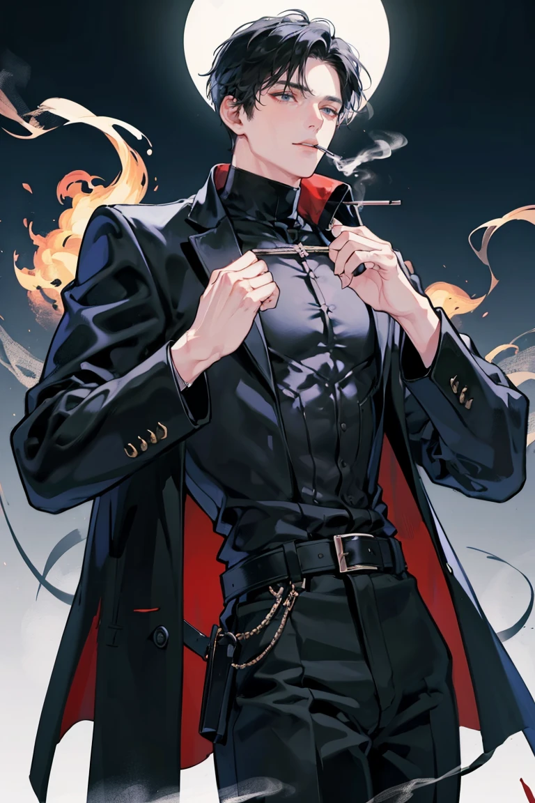(masterpiece), best quality, seductive eyes, mature face, handsome man, jet black eyes, black wolfcut, black turtleneck, black pants, black coat, broad shoulders, anime cover, 1boy, masculine, smoking, adult-like look