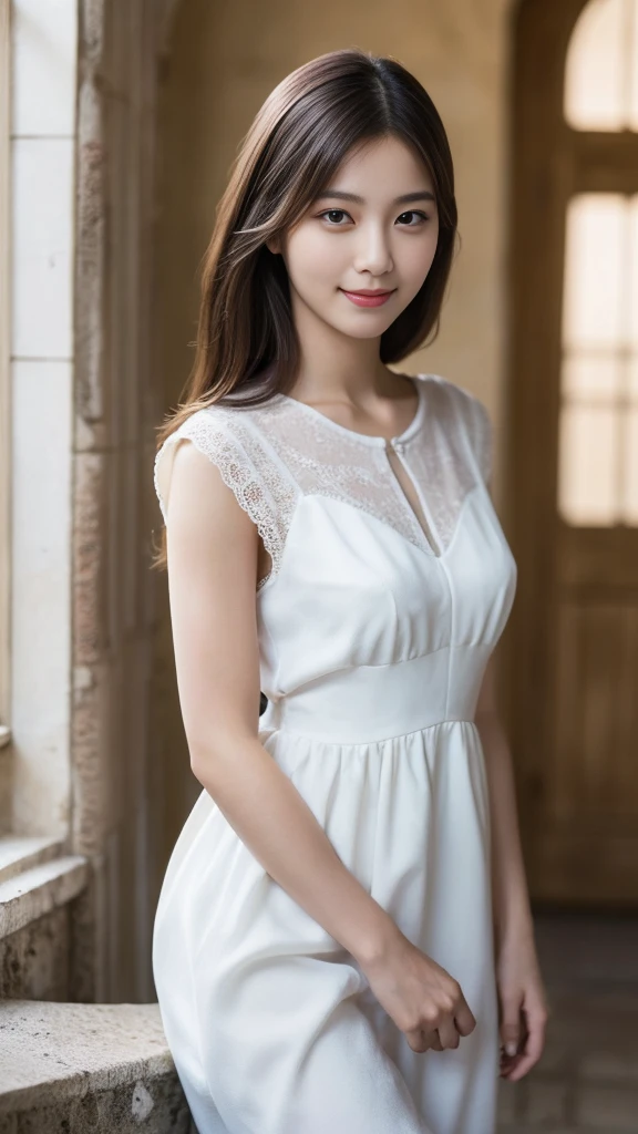 1 girl, (Wearing a white dress:1.2), (RAW photos, best quality), (Practical, Photorealism:1.4), Very refined, Very detailed, 2k wallpapers, wonderful, Finely, Very detailed的 CG Unity 8K 壁纸, Very detailed, high resolution, Soft Light, Beautiful and delicate girl, Very detailed目と顔, Beautifully detailed nose, Delicate and beautiful eyes, light, (Loire Valley Castles:1.3), , Perfect anatomical structure, slim body,
Straight half-length hair, Looking at the audience, Smile