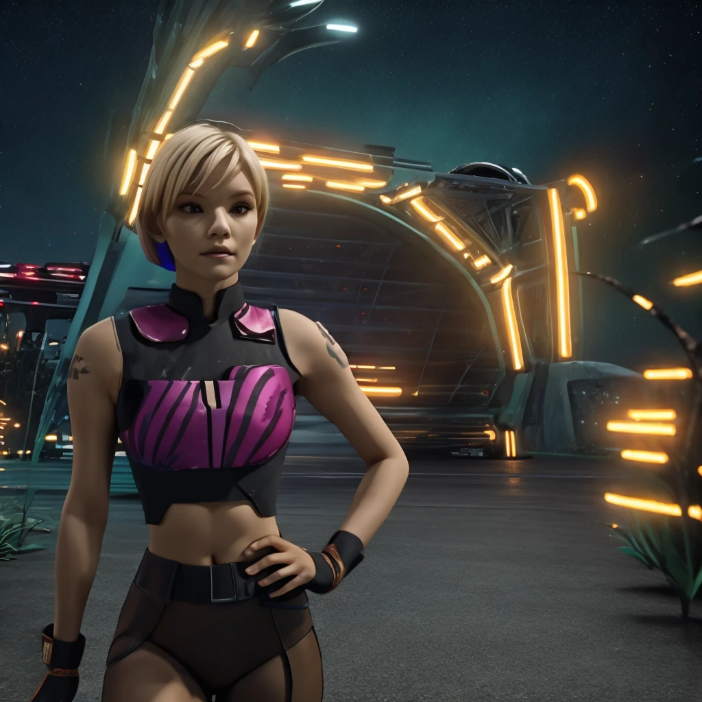 masterpiece, best quality, high quality, extremely detailed 32k unit an enchanting front view, A pretty 40 year old Blonde haired woman, she is standing out side Futuristic Building at night, she is wearing  teal leggings and a crop top, her hair is Choppy Bob hair style, she looks beautiful in the glow of the street lights,(best quality ,photorealistic)
