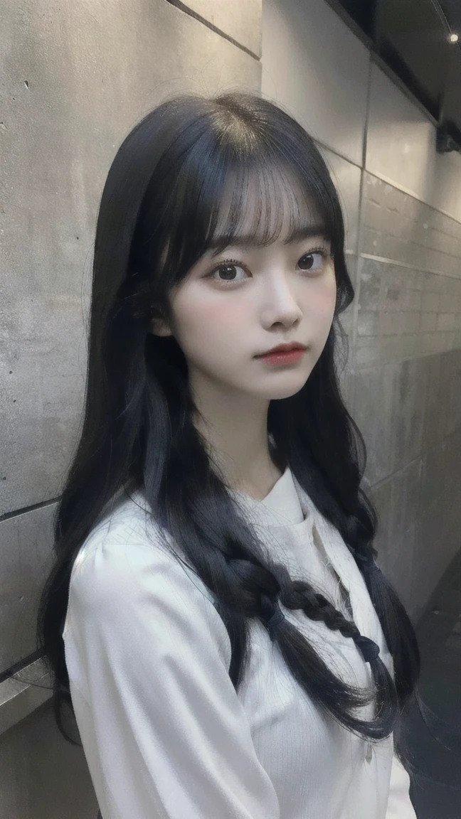Portrait of a young East Asian girl in a navy blue and white sailor-style . She has long black hair styled in two braids, with straight bangs across her forehead. The girl has large, dark eyes and a small, delicate nose. Her expression is neutral, looking directly at the camera. The background shows a dark blue wooden wall with some green ivy or vine leaves visible to the side. The lighting is soft and natural, creating a slightly moody atmosphere. High-resolution image with sharp focus on the face