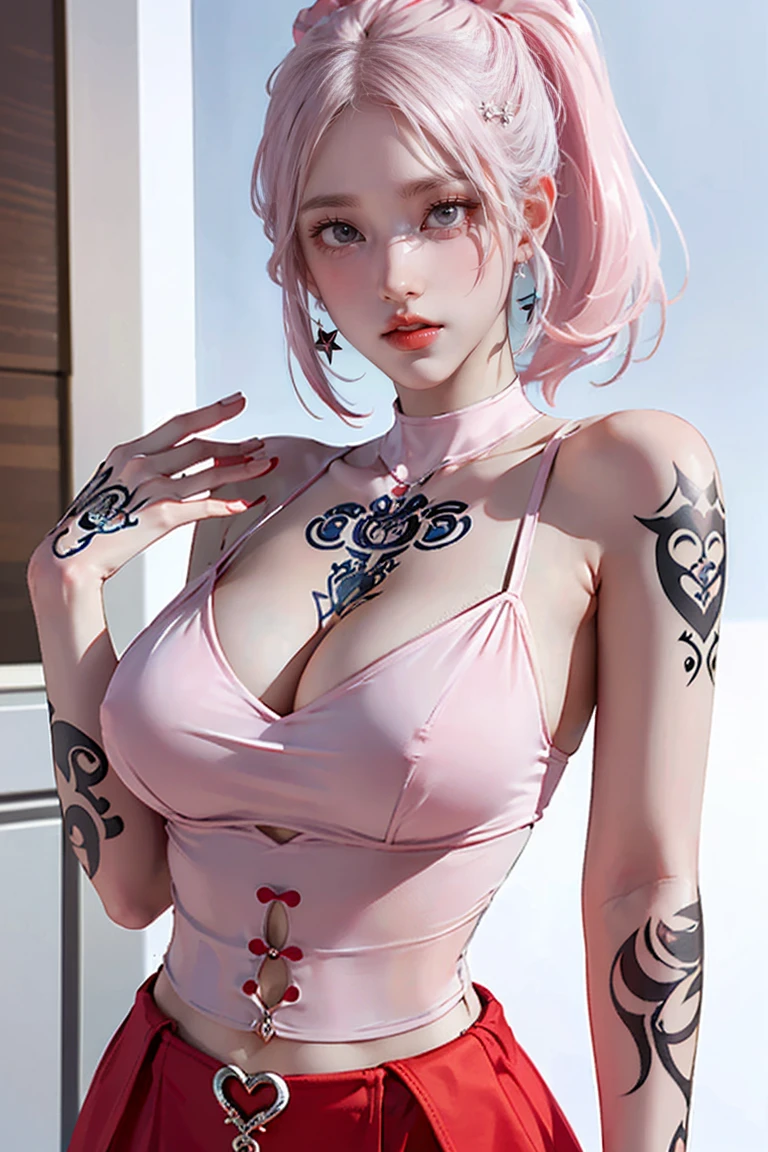(Chest puffing pose),(Random Hairstyles),(Best image quality,(8K),Ultra-realistic,最high quality, high quality, High resolution, high quality,Attention to detail, White-pink hair, blue eyes, Red dress,(((Tight waist))), ((Large Breasts)),(See-through),(((He has many tattoos all over his body)),Browsing Caution,