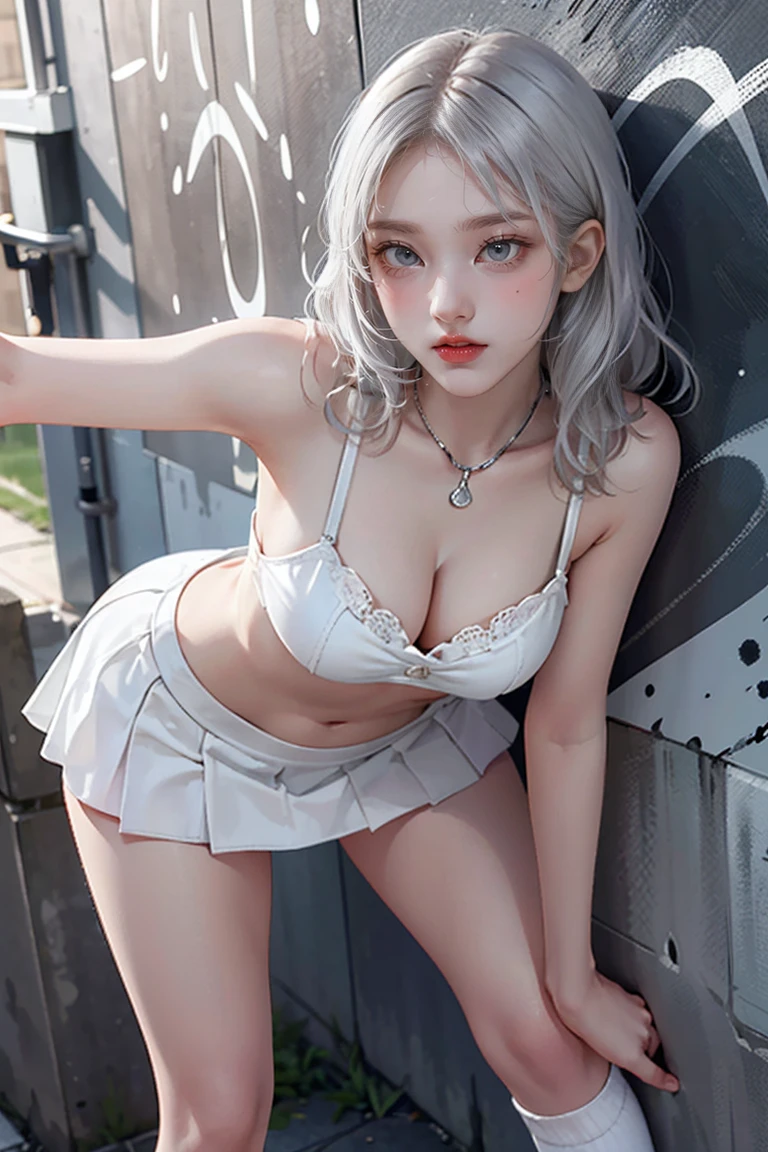 masterpiece, Premium Quality, Highly detailed CG Unity 8K wallpaper, Ultra-realistic 8k CG, Perfect artwork, Hourglass-shaped body shape, Dramatic Shadows, (Spotlight, Perfect lighting, detailed light, (((1 Girl ))), ((Sharp Face)), ((Silver Hair, Wavy Hair)), (((Sexy pose))), Model Body Type, I can see your belly button, Big and ample breasts, ((Cute face) ), (Smiling Kindly: 1.2), (Asymmetrical bangs, Beautiful eyelashes), Beautiful Face, (Beautiful bust line: 1.2), (Cleavage), beautiful girl, Exquisite features that represent a perfect face, cold, Naturally Beautiful, Sweat, light and beautiful texpensive expression., expensive school girl, expensive , Sailor suit, Pleated skirt, loose socks, In front of a wall covered in graffiti, night, (((Leaning against a wall, She is standing))), Award-winning photo, detailed, Realistic Light and Shadow, 8K resolution, Professional Lighting, (Shiny skin:0.9), Perfect hands,