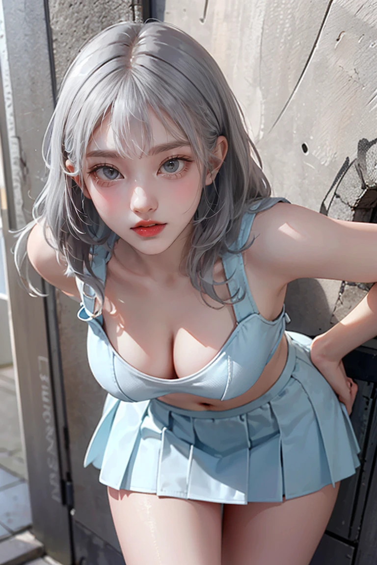 masterpiece, Premium Quality, Highly detailed CG Unity 8K wallpaper, Ultra-realistic 8k CG, Perfect artwork, Hourglass-shaped body shape, Dramatic Shadows, (Spotlight, Perfect lighting, detailed light, (((1 Girl ))), ((Sharp Face)), ((Silver Hair, Wavy Hair)), (((Sexy pose))), Model Body Type, I can see your belly button, Big and ample breasts, ((Cute face) ), (Smiling Kindly: 1.2), (Asymmetrical bangs, Beautiful eyelashes), Beautiful Face, (Beautiful bust line: 1.2), (Cleavage), beautiful girl, Exquisite features that represent a perfect face, cold, Naturally Beautiful, Sweat, light and beautiful texpensive expression., expensive school girl, expensive , Sailor suit, Pleated skirt, loose socks, In front of a wall covered in graffiti, night, (((Leaning against a wall, She is standing))), Award-winning photo, detailed, Realistic Light and Shadow, 8K resolution, Professional Lighting, (Shiny skin:0.9), Perfect hands,
