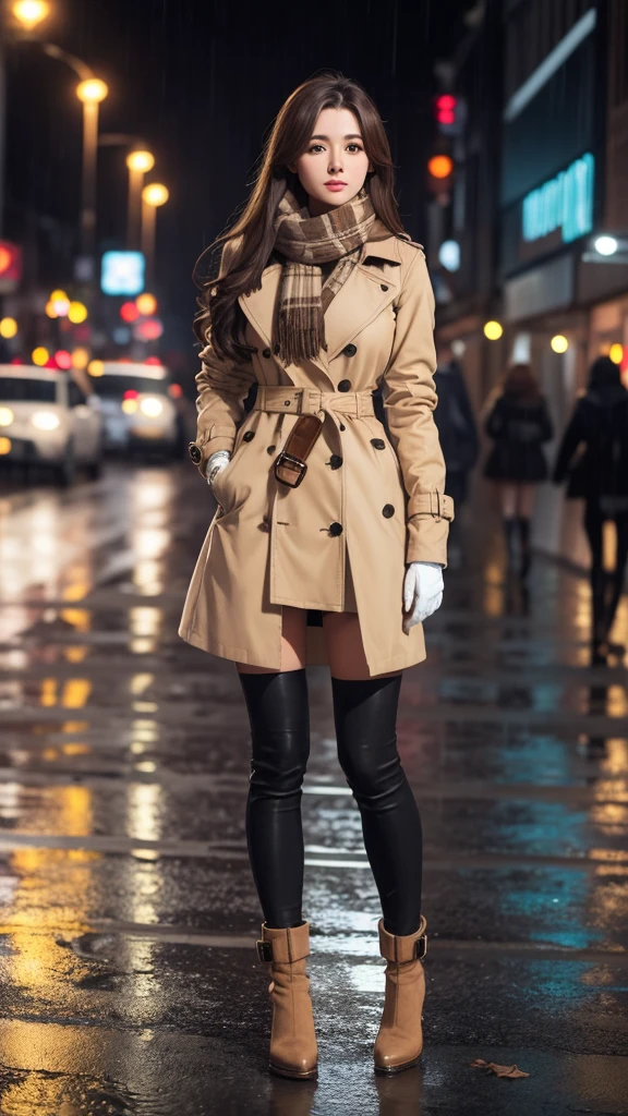 1girl with long brown hair wearing a fully buttoned up and belted buckle beige trench coat with a large beige plaid winter wool scarf and white gloves at the hard rainy night city street full body 8k
