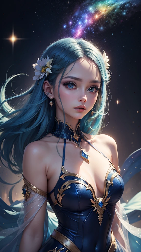 (masterpiece、Highest quality、beautiful:1.2)、(Super beautiful art:1.2)、1 Girl、 (Sapphire blue round eyes、Cosmic Eyeshadow Color、Enchanting eyelashes)、Glossy lip、Fair face、A gentle gaze gazes out at the galaxy、Transparent, shiny skin、Fair Hand、Mysterious and enchanting atmosphere、A chaos of overlapping colors of bright and transparent prism effect of blue and green light、Glowing particles scattering、Delicate spiral strokes soft galaxy background