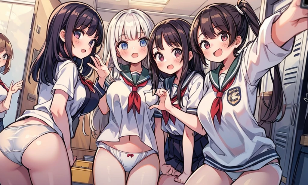 (master piece, high quality), (multiple girls), 14, , locker room, (white panties), school shirt, (group selfie), wide angle, soft light,Heart-Shaped Boob Challenge