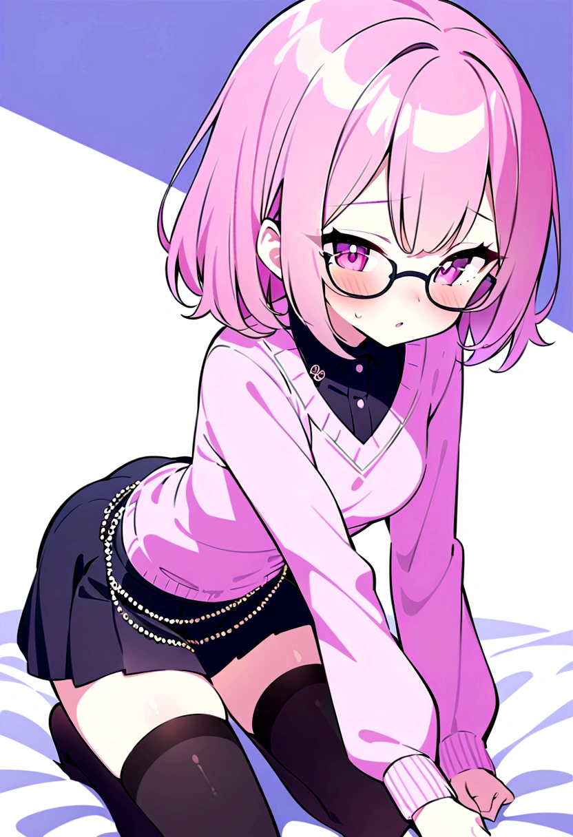 pink hair black glasses pink eyes extremely blushing a large pink sweater short black skirt at the waist chains black stockings that she is a reserved girl her bed that she is on her knees touching her butt