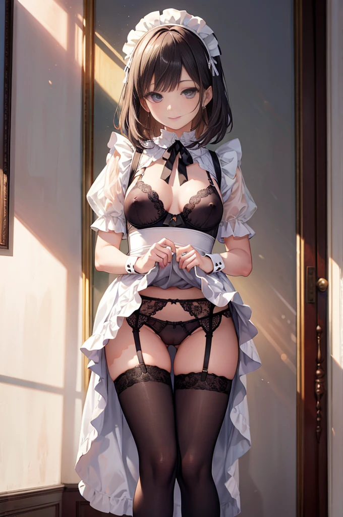 (masterpiece), woman,Frilled maid costume,Long skirt, Small breasts,Natural light, Realistic, Diffuse Light, skinny, vapor, (Please lift your skirt), (urination), With a smile.garter belt,Lace Stockings,Long nipples,Areola,See-through bra, Blowjob,Frill apron,Bodysuits