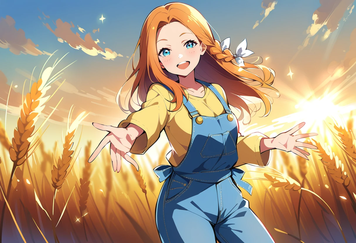 pewarnaan character, visual illustration, @ANN, aged up, 1girl, braid, braided ponytail, single braid, forehead, solo, (overalls), outdoors, sky, wheat, field, (blue overalls), smile, blue eyes, wheat field, looking at viewer, breasts, long sleeves, yellow shirt, orange hair, blonde hair, cowboy shot, collarbone, collared shirt, cleavage, denim, upper teeth only, medium breasts, standing, teeth, oversized clothes, long hair, partially unbuttoned, pants, oversized shirt, buttons, head tilt, flat chest, hair bow, white bow, tomboy, round teeth, plaid shirt, denim overalls, mature female, tall, tall female, slim body, freckles, twilight, cloudy sky, scenery, reaching, grass, floating braid, sunset, cloud, scenery, jeans, bow, hair ribbon, sparkle, sunbeam, light rays, highres, 4k, 8k, ann \(harvest moon\), ran \(bokujou monogatari\)