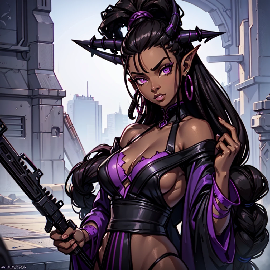 (Portrait) of an (African American) female, with dark (black dreadlocks), purple eyes, dark (brown skin), (pointed ears), (slutty assassin), sexy black robe, (lust) demon, (medium shot), perfect composition, hyper-detailed, 8K, high quality, (perfect eyes), trending art, sharp focus, studio photo, intricate details, (Pin-up) pose