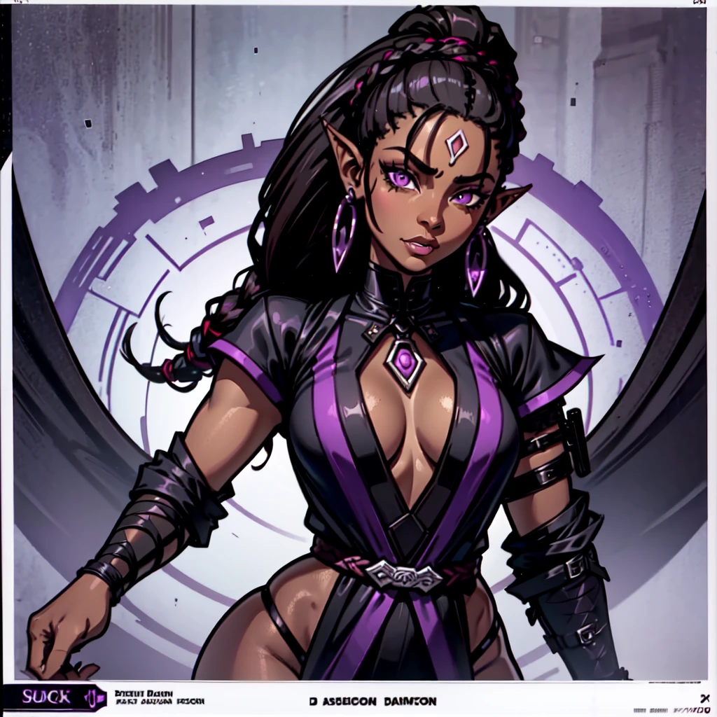 (Portrait) of an (African American) female, with dark (black dreadlocks), purple eyes, dark (brown skin), (pointed ears), (slutty assassin), sexy black robe, (lust) demon, (medium shot), perfect composition, hyper-detailed, 8K, high quality, (perfect eyes), trending art, sharp focus, studio photo, intricate details, (Pin-up) pose