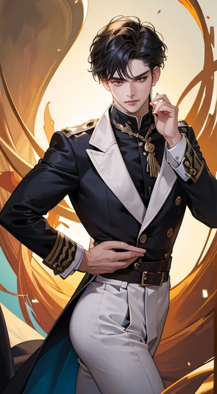 (ass exaggerated, high resolution, high qualiy, High definition, work of art, Maximum quality) 19 year old man with handsome, shorth hair, detailed eyes and a detailed face, surprisingly beautiful, chiseled chin, deep look, full hair, modern hairstyle, military dress uniform, golden belt, formal suit, confident stance, sophisticated suit, sophisticated design, silk fabric, custom fit, glossy finish, composto, elegant background, high resolution, realisitic, swirly vibrant colors, dynamic lighting, sharp details