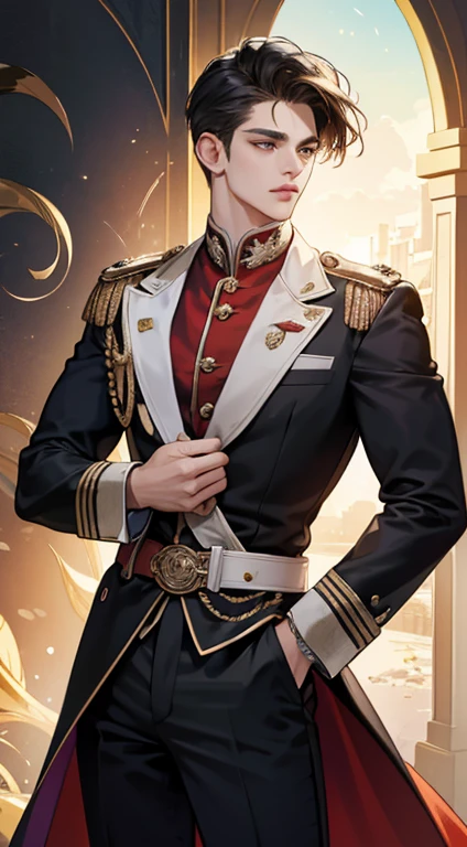 (ass exaggerated, high resolution, high qualiy, High definition, work of art, Maximum quality) 19 year old man with handsome, shorth hair, detailed eyes and a detailed face, surprisingly beautiful, chiseled chin, deep look, full hair, modern hairstyle, military dress uniform, golden belt, formal suit, confident stance, sophisticated suit, sophisticated design, silk fabric, custom fit, glossy finish, composto, elegant background, high resolution, realisitic, swirly vibrant colors, dynamic lighting, sharp details