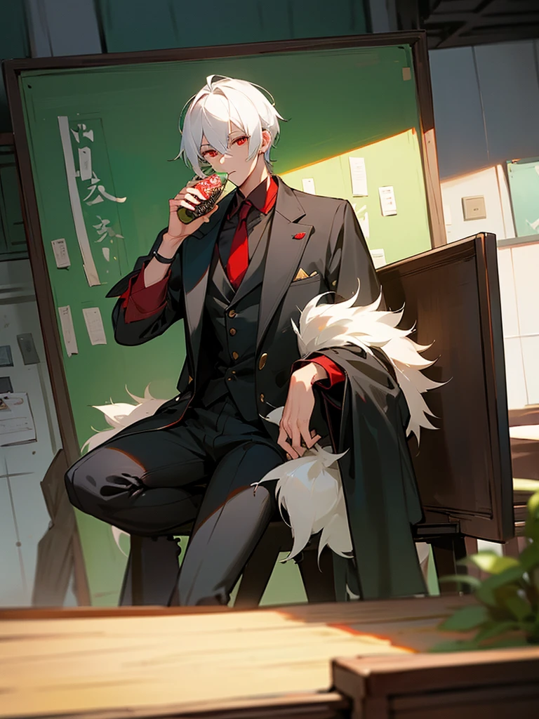 Photo of a handsome Asian man, sitting alone, White hair, red eye, is drinking avocado juice, look at the mission board, wear casual outfits, fine quality, Good, photos taken by professional photographers