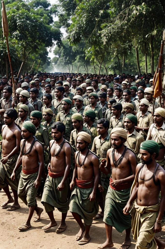 Freedom fighters during the liberation war of Bangladesh. Villagers who are fighting for the independence of Bangladesh while wearing lungis.