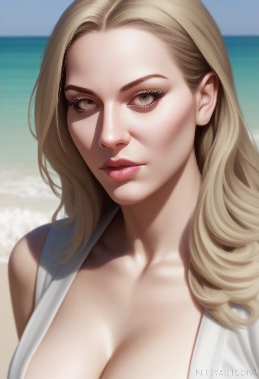 (masterpiece, Highest quality, Super detailed, masterpiece, super high quality、Crystal Clear、RAW UHD Format)、High resolutionの光る目、Highest quality, Realistic skin texture, photograph shoot, Detailed facial features, Film Grain and High Contrast, Extremely high resolution detail, photograph, Realistic, surreal, High resolution, masterpiece、 (300mm lens, f/1.4),(a Japanese woman, 18 years old), well rounded, (plump lips:1.8, plump chin:2.1, plump cheeks:1.86, cute nose:1.7), flat chest, Beautiful, perfect and detailed face, Wearing an open shirt, At the Beach, Fine eyes and lips, Long eyelashes, Realistic, Very detailed, 8K, masterpiece