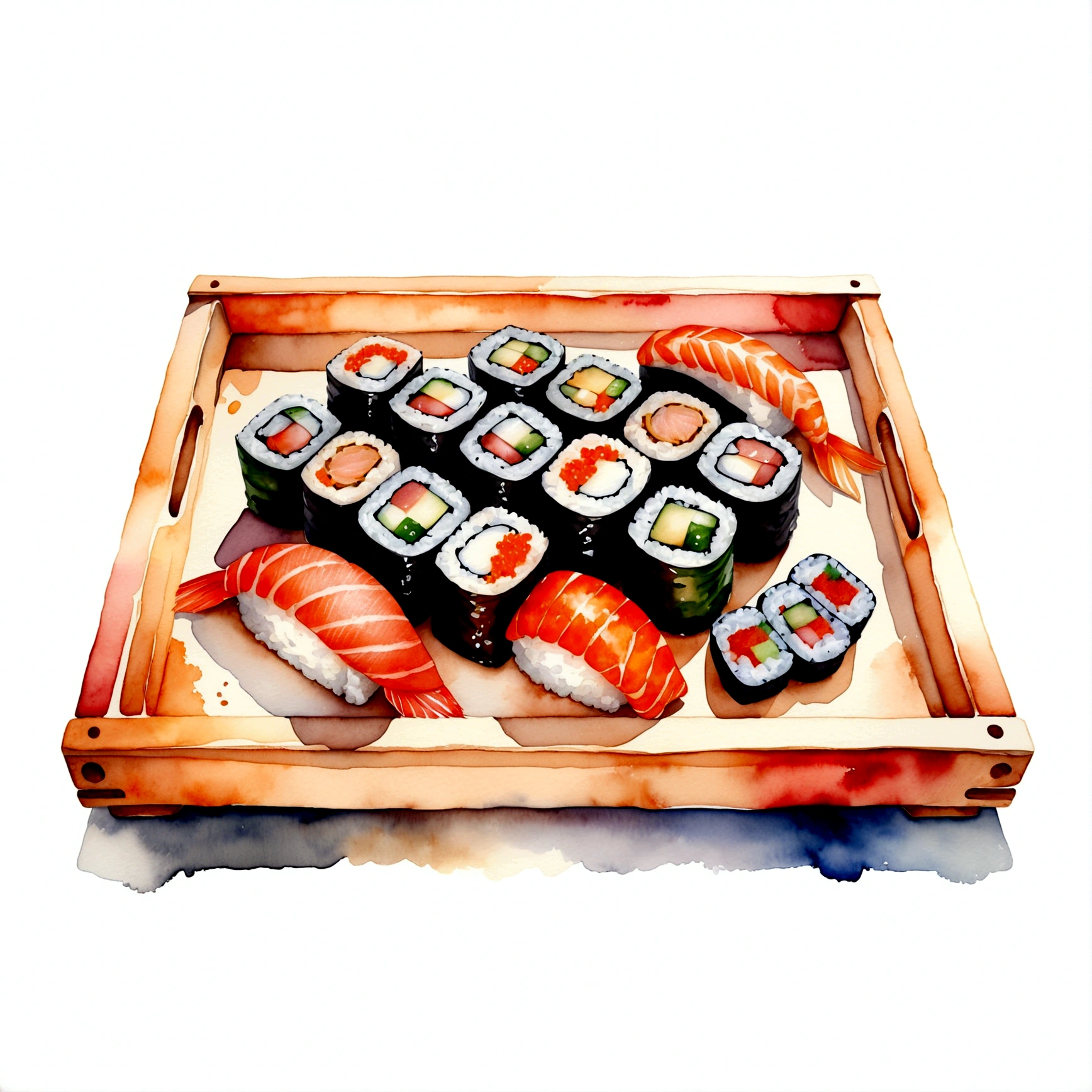 there are many different type delicious sushi, served in a wooden tray, the tray is full, illustration, isolated with solid white background, surrounded with negative space, centered compositon, 8k, highly detailed painting, very precise painting, Isolated, clear brilliant white background, perspective angle of view, vector clipart, washed out color ((lora:add-detail-xl:1)), (watercolor), realistic