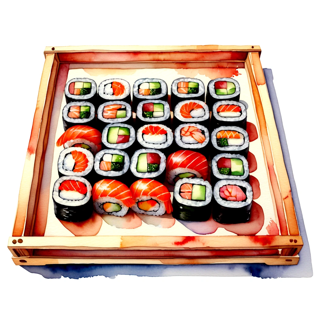 there are many different type delicious sushi, served in a wooden tray, the tray is full, illustration, isolated with solid white background, surrounded with negative space, centered compositon, 8k, highly detailed painting, very precise painting, Isolated, clear brilliant white background, perspective angle of view, vector clipart, washed out color ((lora:add-detail-xl:1)), (watercolor), realistic