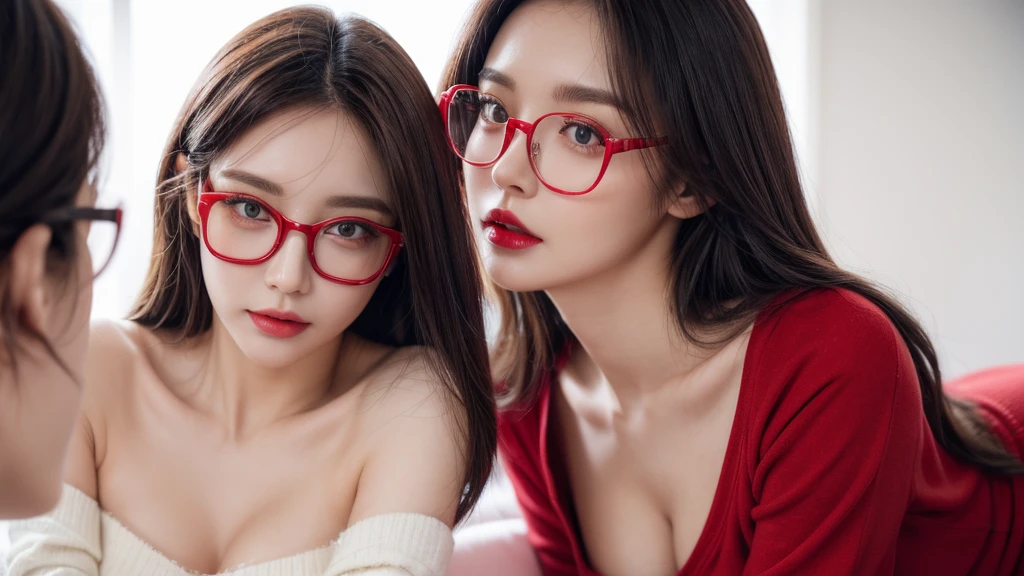 female, fair, amazing face and eyes, cosmetics, red glossy lips, (Extremely detailed fair face), (The sexiest look), (sweatshirt), (best quality), (very detailed), (very detailed CG 통합 8k 벽지),original photo, professional photography, (permanent), (pure white background),(black hair),(big eyes),(soft light source),(a little cleavage),(shorts),(red underwear),gold glasses