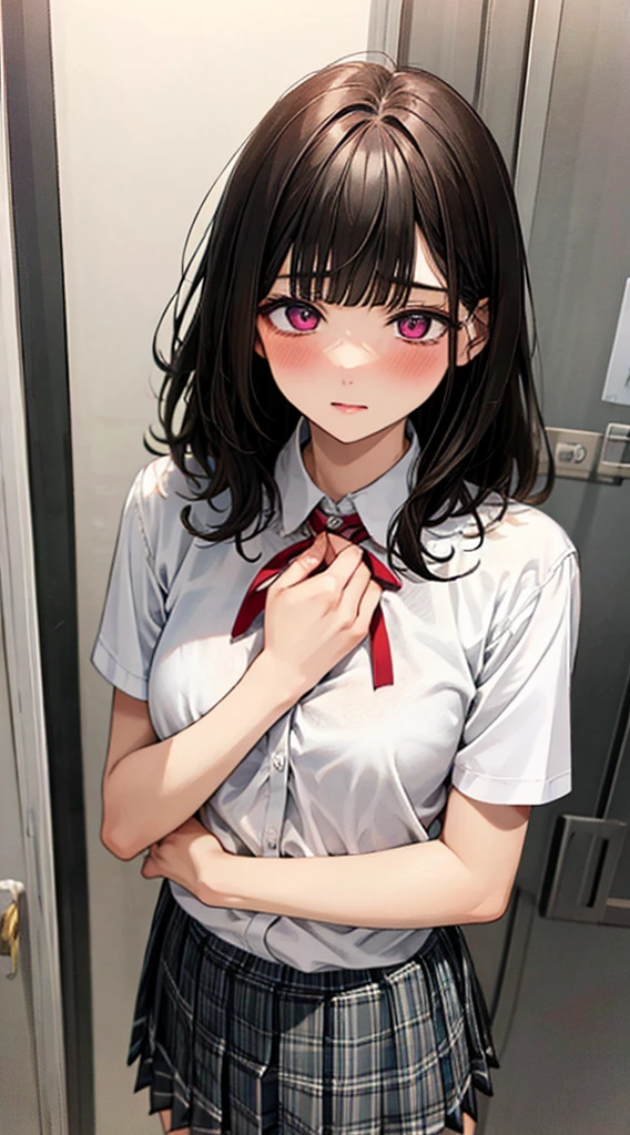 (masterpiece, best quality),
1girl, standing, undressing, hands on chest, cowboy shot,,
BREAK girl, 18yo, (medium breasts:1.1), black hair, (medium hair:1.2), (curly hair:0.9), blunt bangs,
pink eyes, ultra detailed eyes,(tareme:1.1),
half-closed eyes, blush
BREAK (school uniform), (white collared shirt, plain pattern shirt, short sleeves, white sleeves, shirt tucked in:1.2), (red plain pattern neck ribbon, narrow neck ribbon:1.1), (open clothes:1.2),pink bra
BREAK (black and grey plaid pattern skirt:1), (pleated skirt, miniskirt:1.2),
BREAK office,