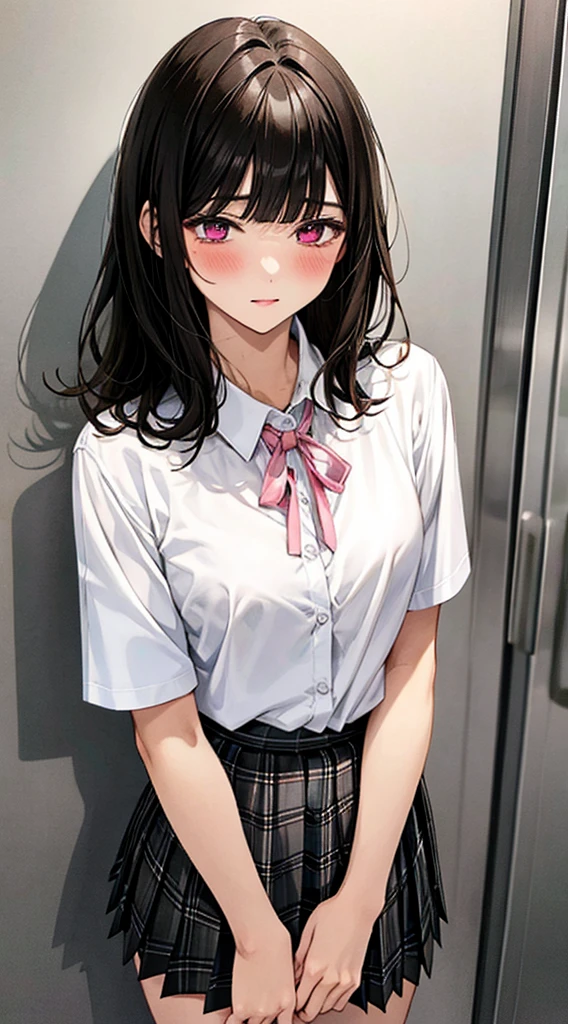 (masterpiece, best quality),
1girl, standing, undressing, hands on chest, cowboy shot,,

BREAK girl, 18yo, (medium breasts:1.1), black hair, (medium hair:1.2), (curly hair:0.9), blunt bangs,
pink eyes, ultra detailed eyes,(tareme:1.1),
half-closed eyes, blush


BREAK (school uniform), (white collared shirt, plain pattern shirt, short sleeves, white sleeves, shirt tucked in:1.2), (red plain pattern neck ribbon, narrow neck ribbon:1.1), (open clothes:1.2),pink bra
BREAK (black and grey plaid pattern skirt:1), (pleated skirt, miniskirt:1.2),

BREAK office,