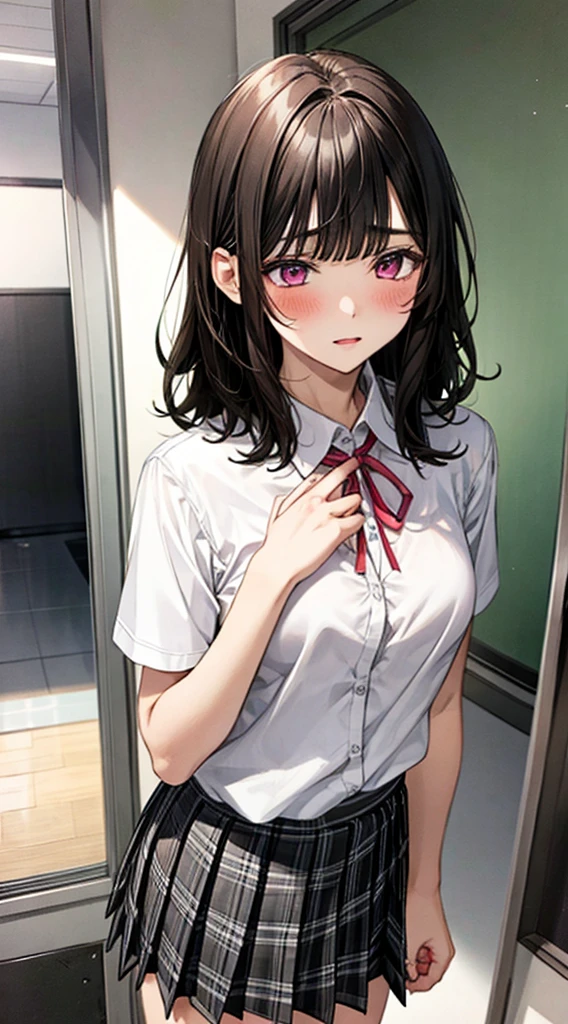(masterpiece, best quality),
1girl, standing, ??????????, hands on chest, cowboy shot,,
BREAK girl, 18yo, (medium breasts:1.1), black hair, (medium hair:1.2), (curly hair:0.9), blunt bangs,
pink eyes, ultra detailed eyes,(tareme:1.1),
half-closed eyes, blush
BREAK (school uniform), (white collared shirt, plain pattern shirt, short sleeves, white sleeves, shirt tucked in:1.2), (red plain pattern neck ribbon, narrow neck ribbon:1.1), (open clothes:1.2),pink bra
BREAK (black and grey plaid pattern skirt:1), (pleated skirt, miniskirt:1.2),
BREAK office,