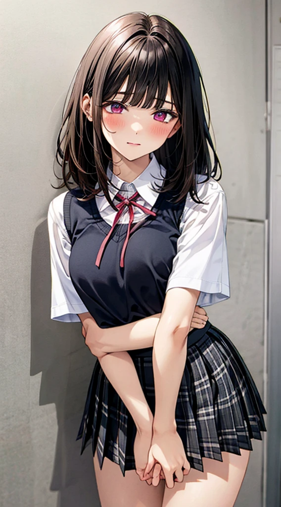(masterpiece, best quality),
1girl, standing, , hands on chest, cowboy shot,,
BREAK girl, 18yo, (medium breasts:1.ck hair, (medium hair:1.2), (curly hair:0.9), blunt bangs,
pink eyes, ultra detailed eyes,(tareme:1.1),
half-closed eyes, blush
BREAK (school uniform), (white collared shirt, plain pattern shirt, short sleeves, white sleeves, shirt tucked in:1.2), (red plain pattern neck ribbon, narrow neck ribbon:1.1), (open clothes:1.2),pink bra
BREAK (black and grey plaid pattern skirt:1), (pleated skirt, miniskirt:1.2),
BREAK office,