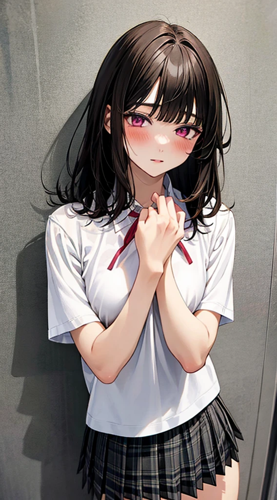 (masterpiece, best quality),
1girl, standing, undressing, hands on chest, cowboy shot,,
BREAK girl, 18yo, (medium breasts:1.1), black hair, (medium hair:1.2), (curly hair:0.9), blunt bangs,
pink eyes, ultra detailed eyes,(tareme:1.1),
half-closed eyes, blush
BREAK (school uniform), (white collared shirt, plain pattern shirt, short sleeves, white sleeves, shirt tucked in:1.2), (red plain pattern neck ribbon, narrow neck ribbon:1.1), (open clothes:1.2),pink bra
BREAK (black and grey plaid pattern skirt:1), (pleated skirt, miniskirt:1.2),
BREAK office,