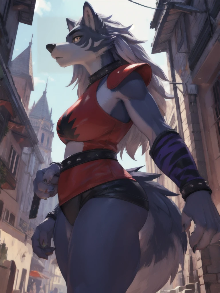 A hyper realistic anthropomorphic female wolf, low-angle shot