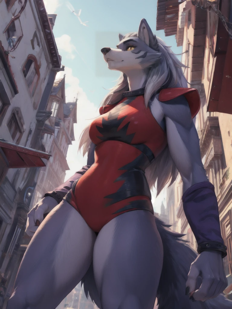 A hyper realistic anthropomorphic female wolf, low-angle shot
